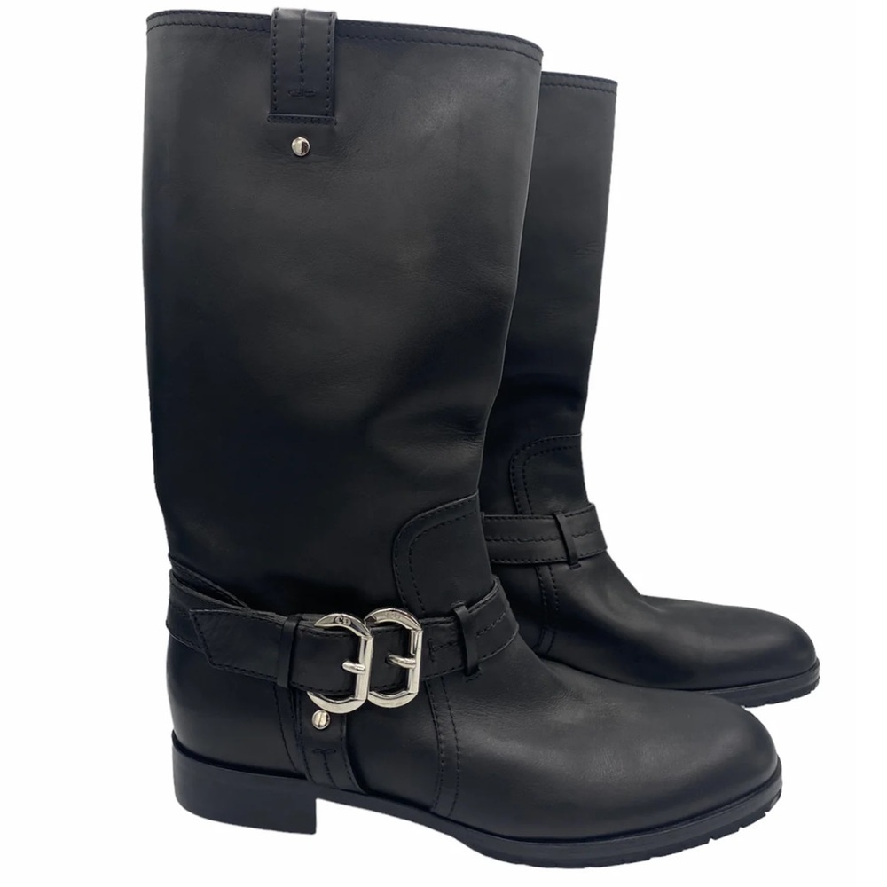 DIOR Black Leather Tall Moto Boots with Silver Designer Logo Buckles - Picture 2 of 10